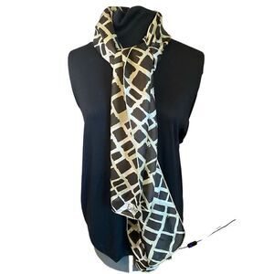 Echo long scarf white with brown abstract squares vintage